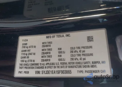 2025 Tesla Model 3 Long Range Rear-Wheel Drive из США, поврежденный, VIN 5YJ3E1EA1SF903865